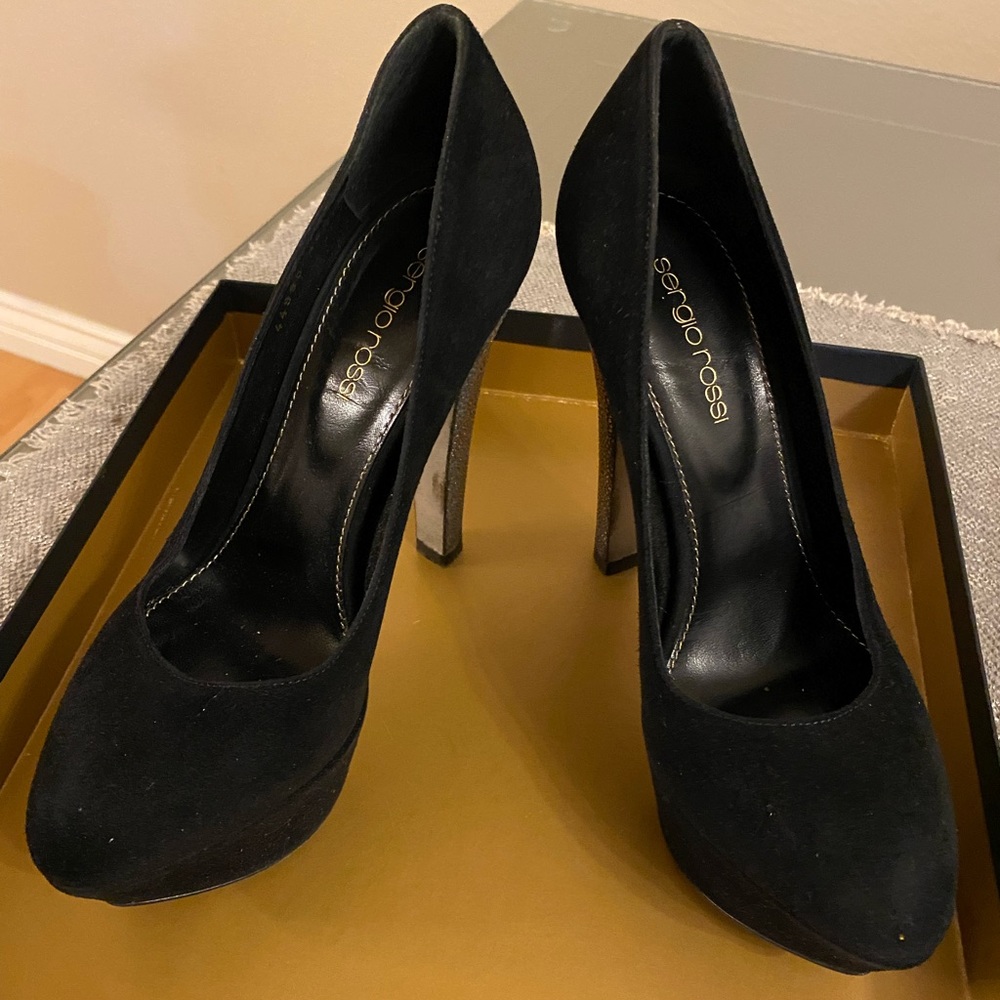 Classic black Sergio Rossi heels with bedazzled heel. Size 36.5